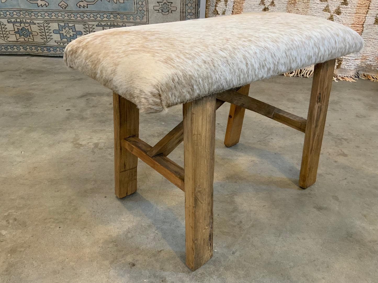 Med - Cow Hide Upholstered Wood Bench