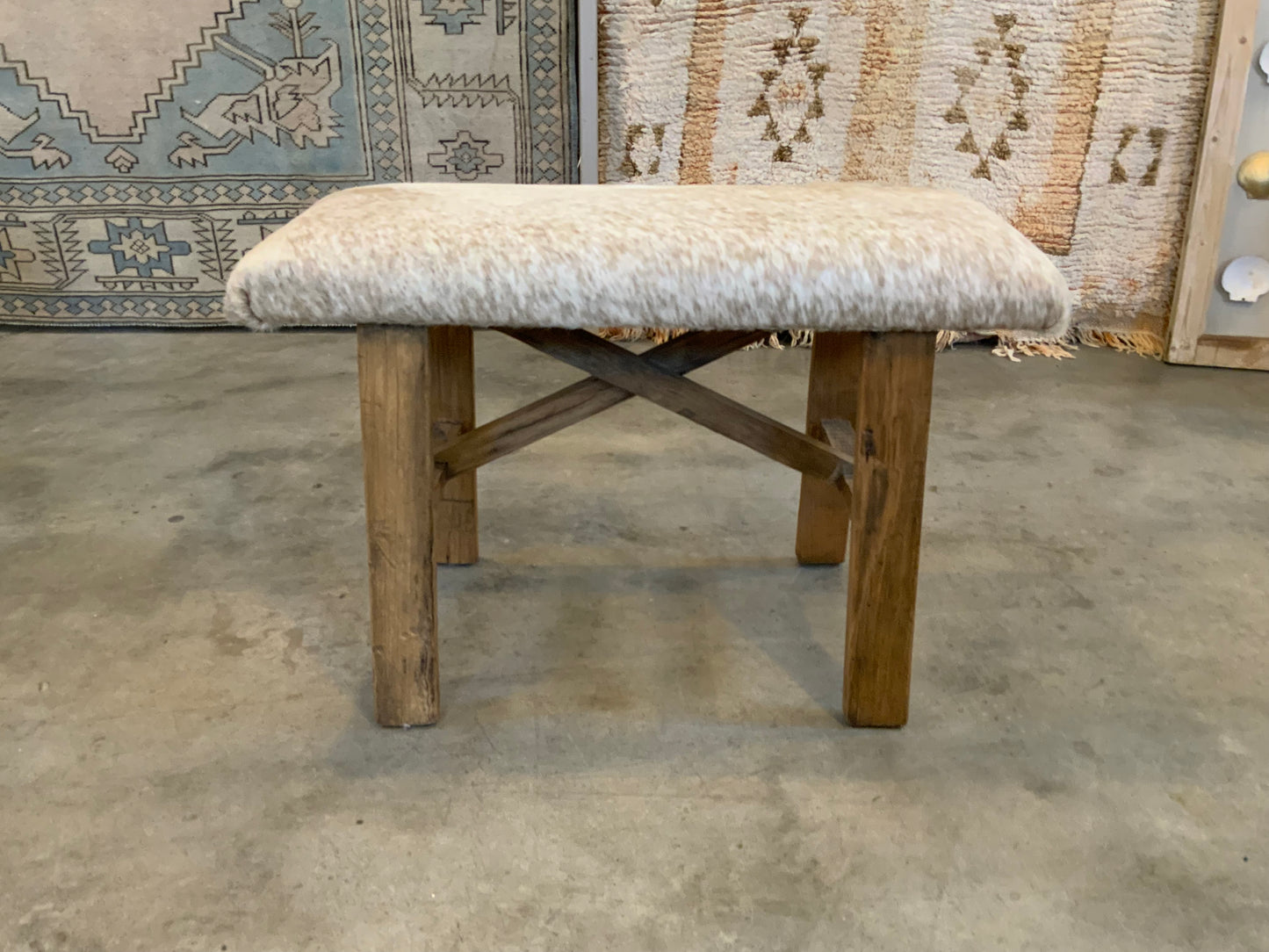 Med - Cow Hide Upholstered Wood Bench