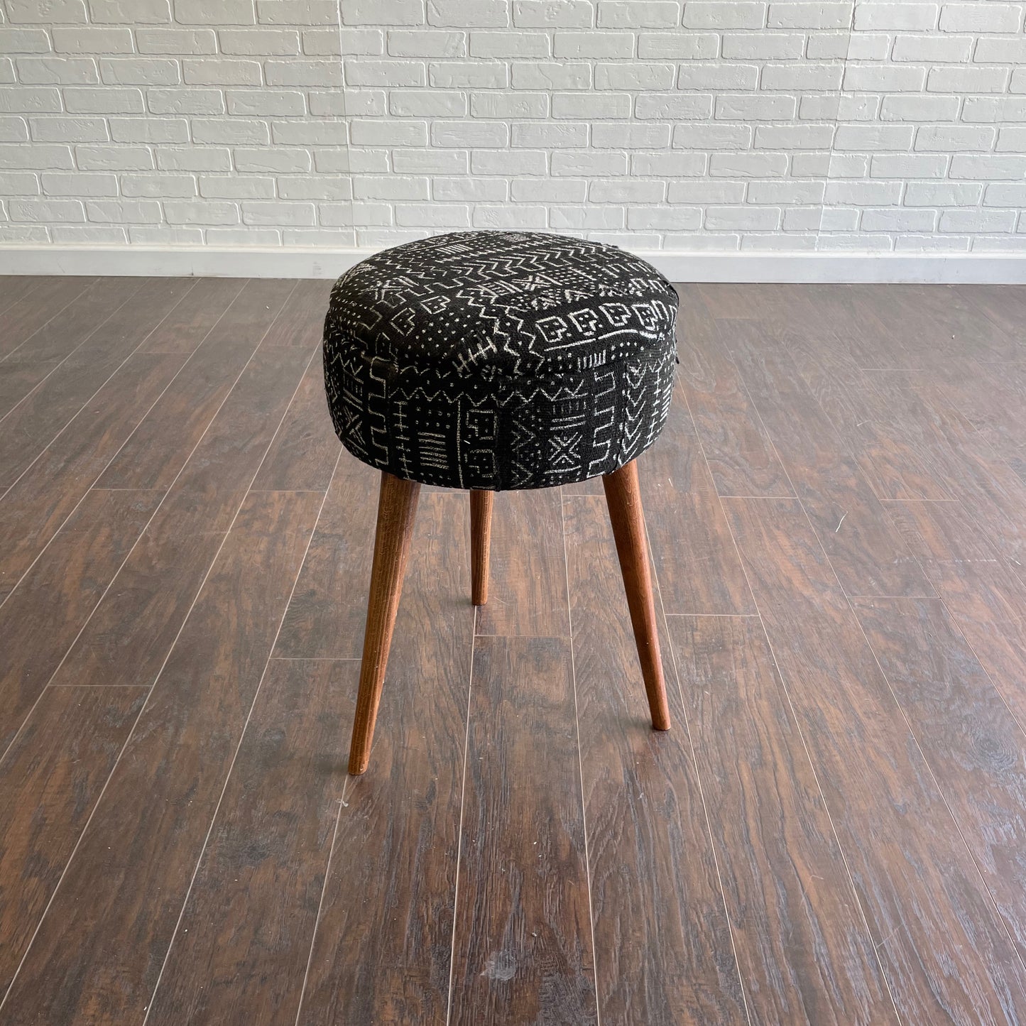 Round Turkish Upholstered Ottoman Mud Cloth - Tall
