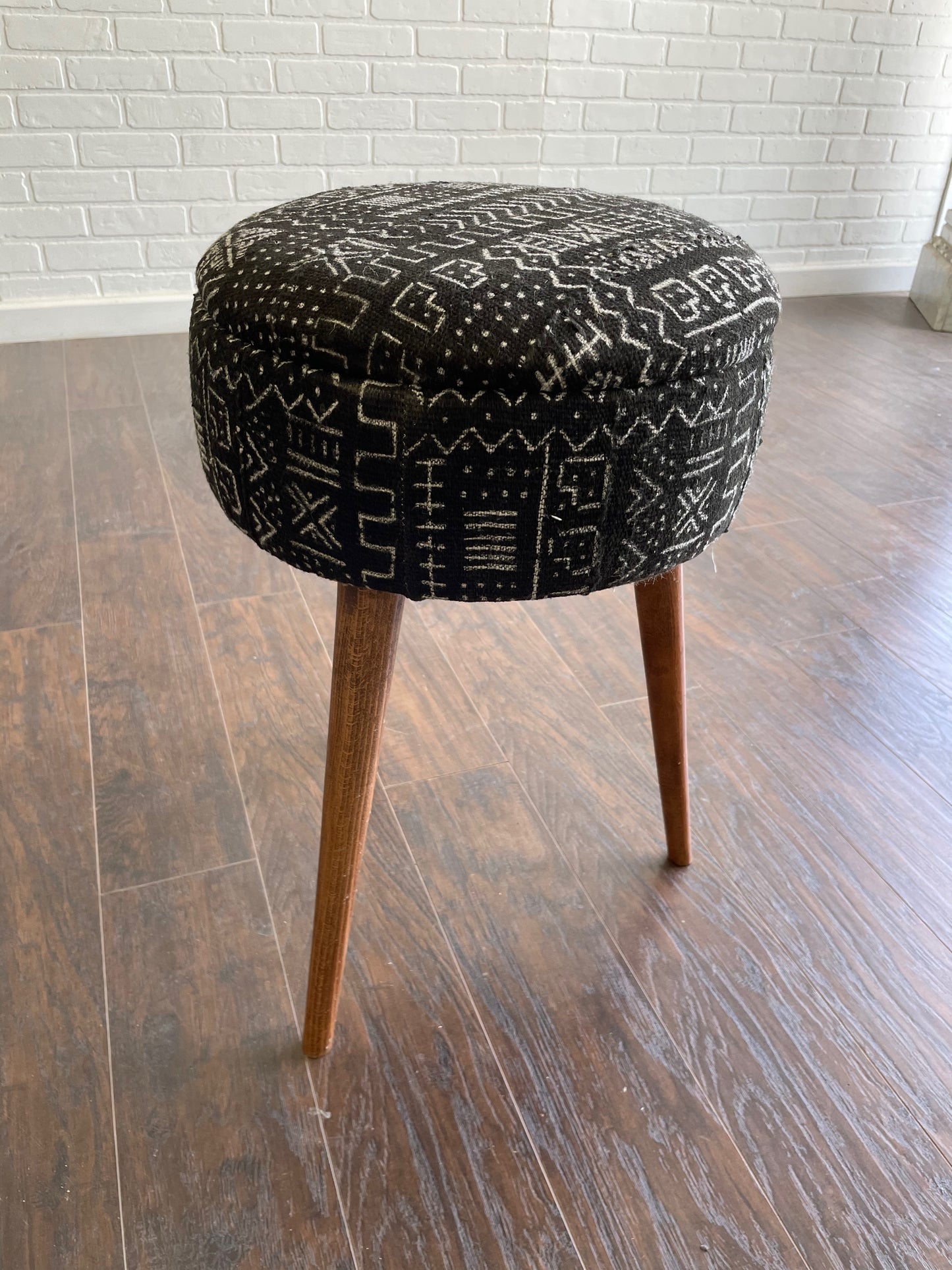 Round Turkish Upholstered Ottoman Mud Cloth - Tall