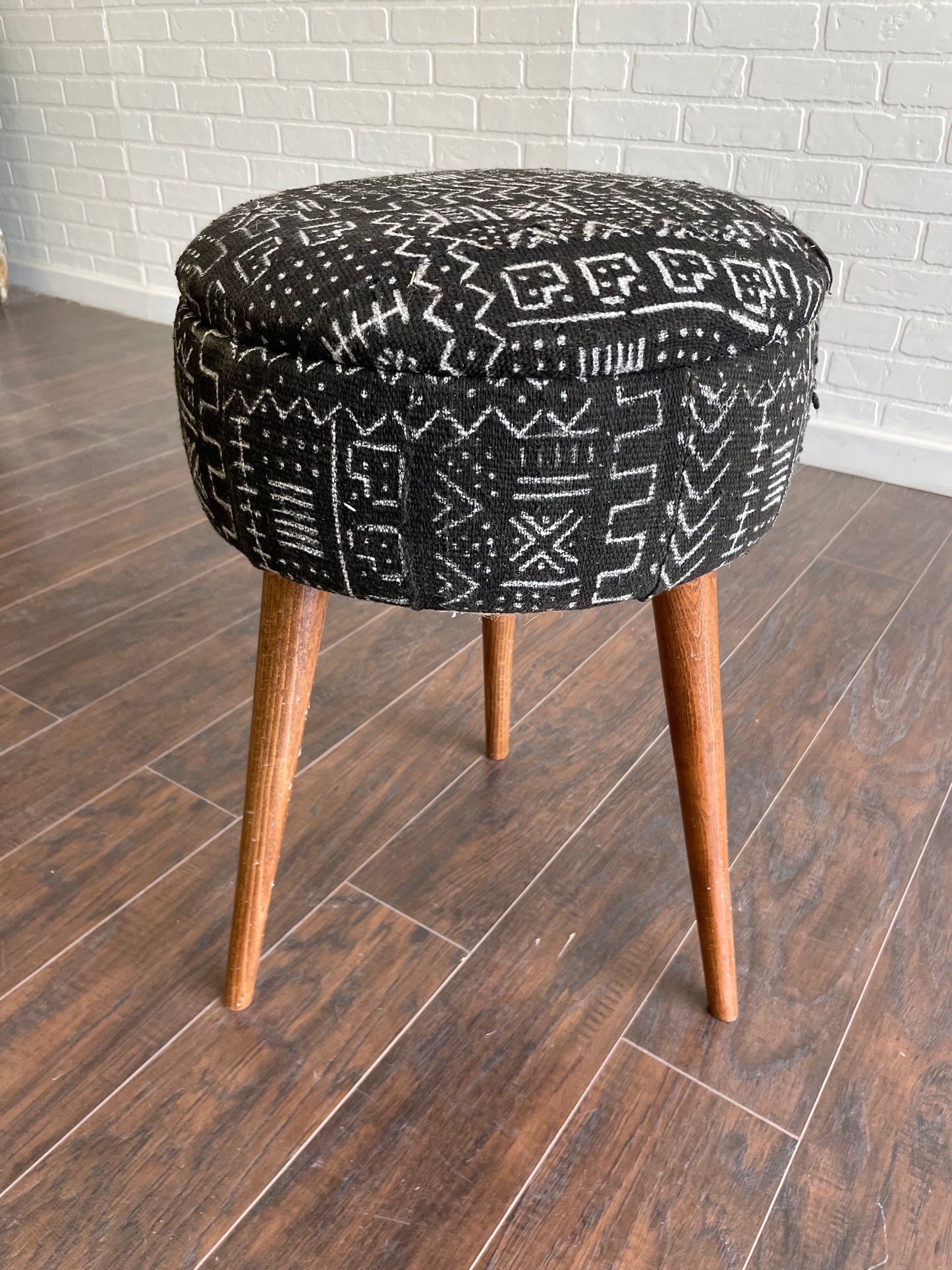 Round Turkish Upholstered Ottoman Mud Cloth - Tall