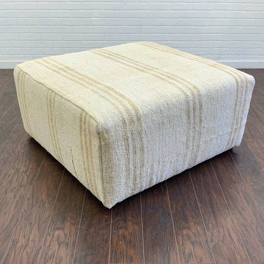 Handcrafted Vintage White Hemp Upholstered Ottoman 3' x 3' - A