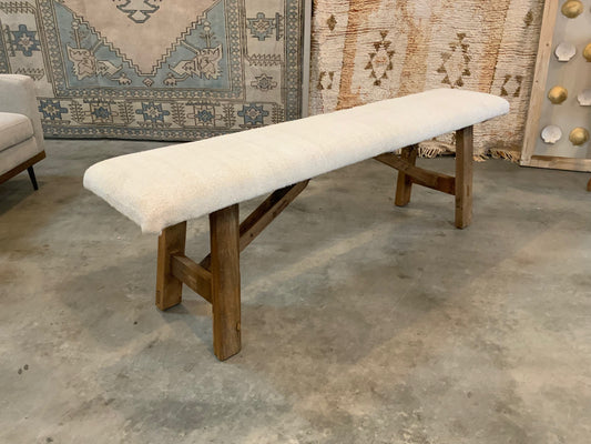 LG - Vintage Rug Upholstered Wood Bench - White Turkish Hemp