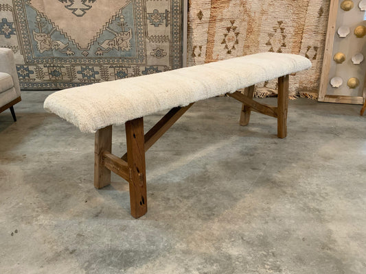 LG - Vintage Rug Upholstered Wood Bench - White Turkish Hemp