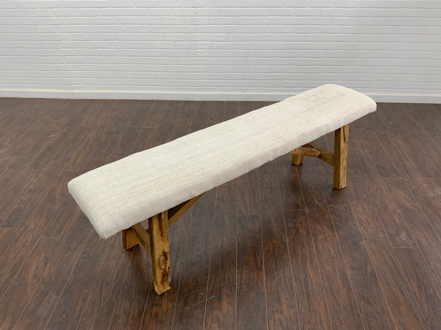LG - Vintage Rug Upholstered Wood Bench - White Turkish Hemp