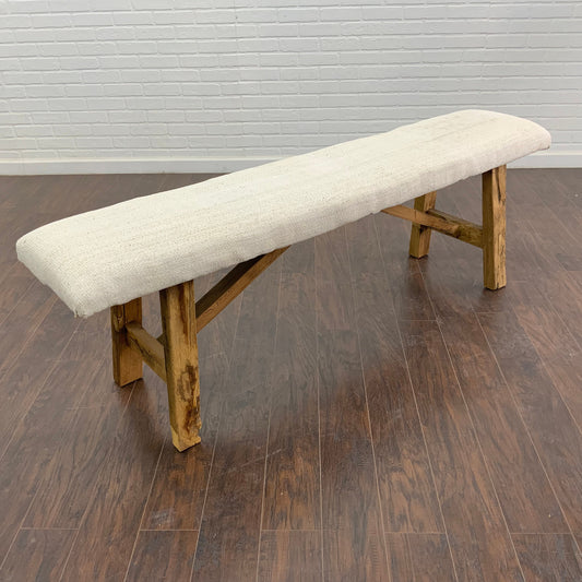 LG - Vintage Rug Upholstered Wood Bench - White Turkish Hemp